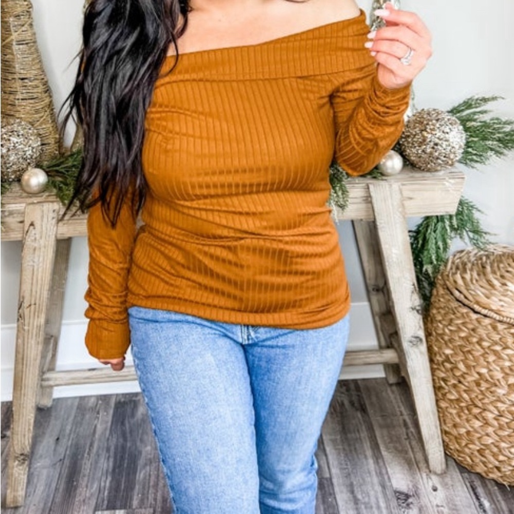 Off-Shoulder Ribbed Long-Sleeve Top - Rust - Picture 1 of 6